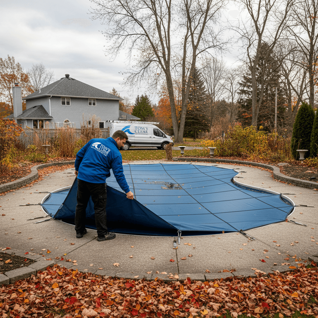 Technician winterizing a backyard pool with a cover amid autumn leaves.