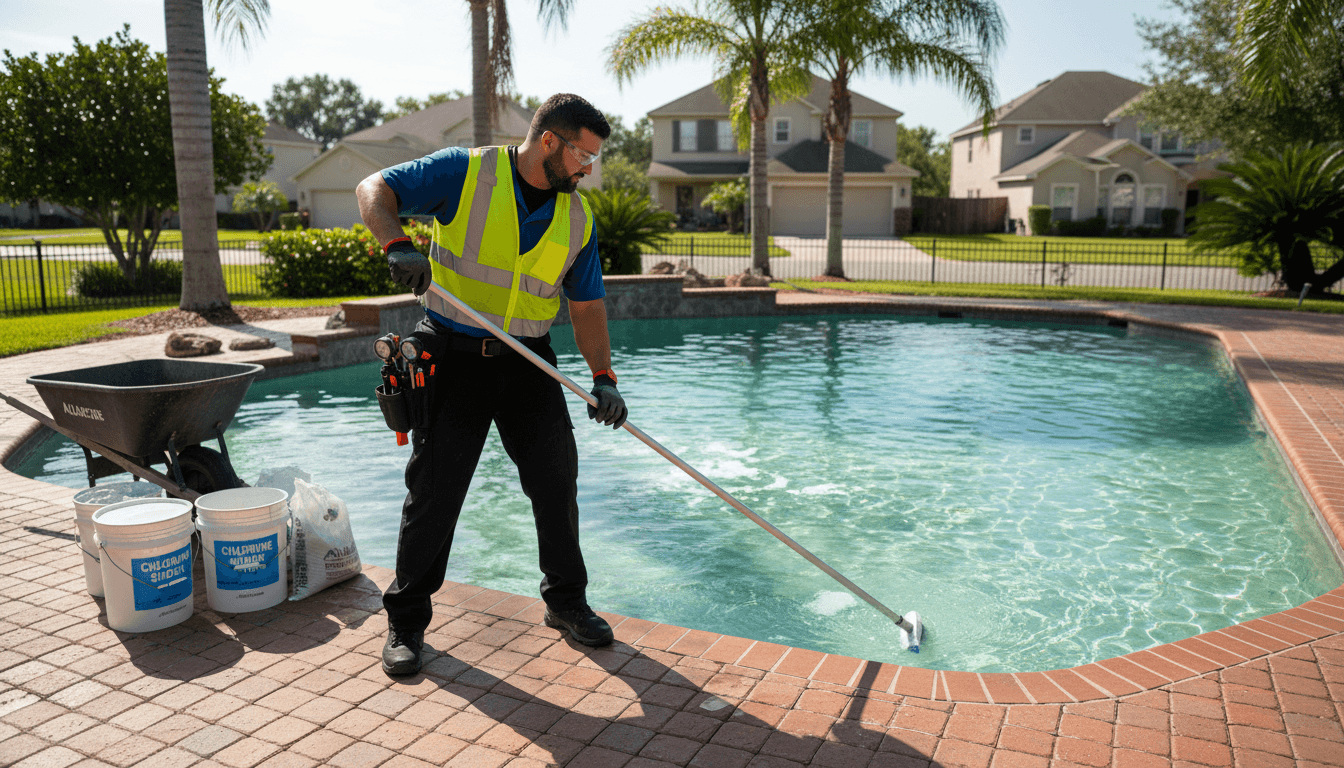 Pool technician in protective gear treating cloudy algae-filled pool during green pool shock treatment restoration process